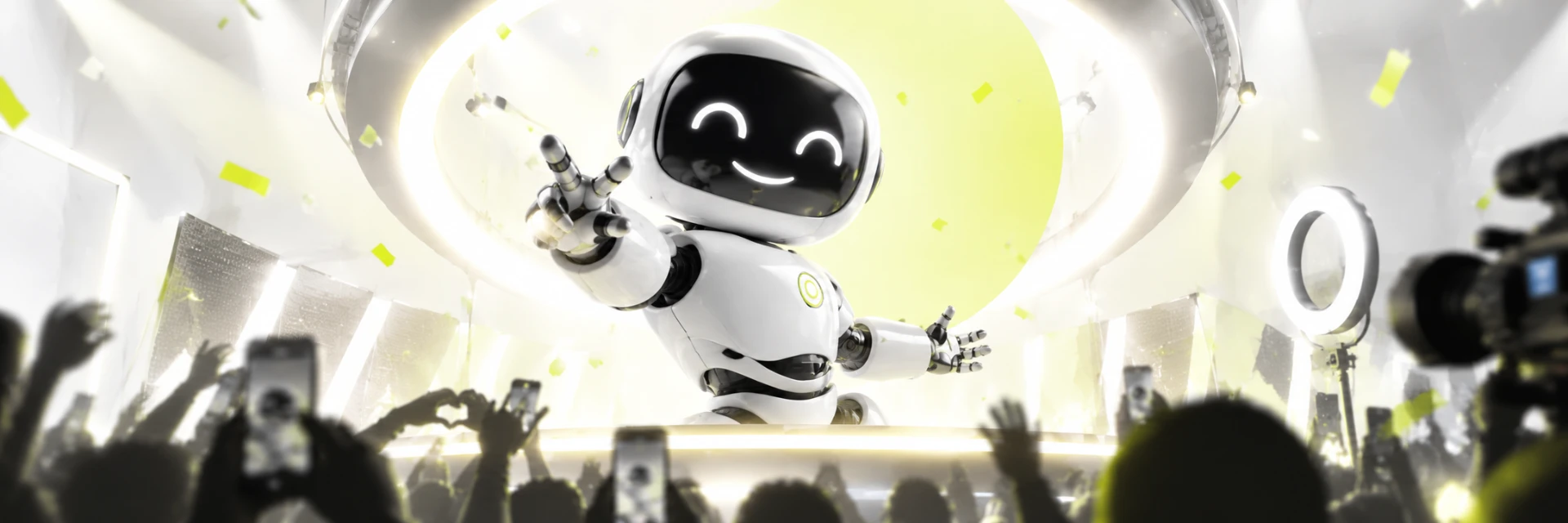 Smiling humanoid robot creating content in front of an audience and cameras