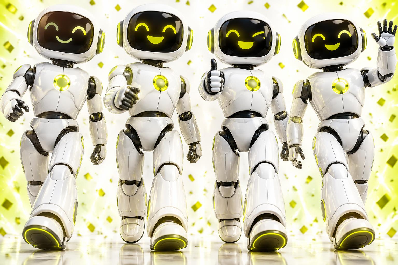 Original concept visualization - four humanoid robots walking onto a large stage